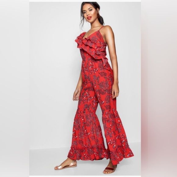 Boohoo Pants - NWT Boohoo Red Floral Ruffle Jumpsuit